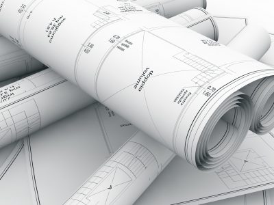 close up of construction plans, 3d illustration